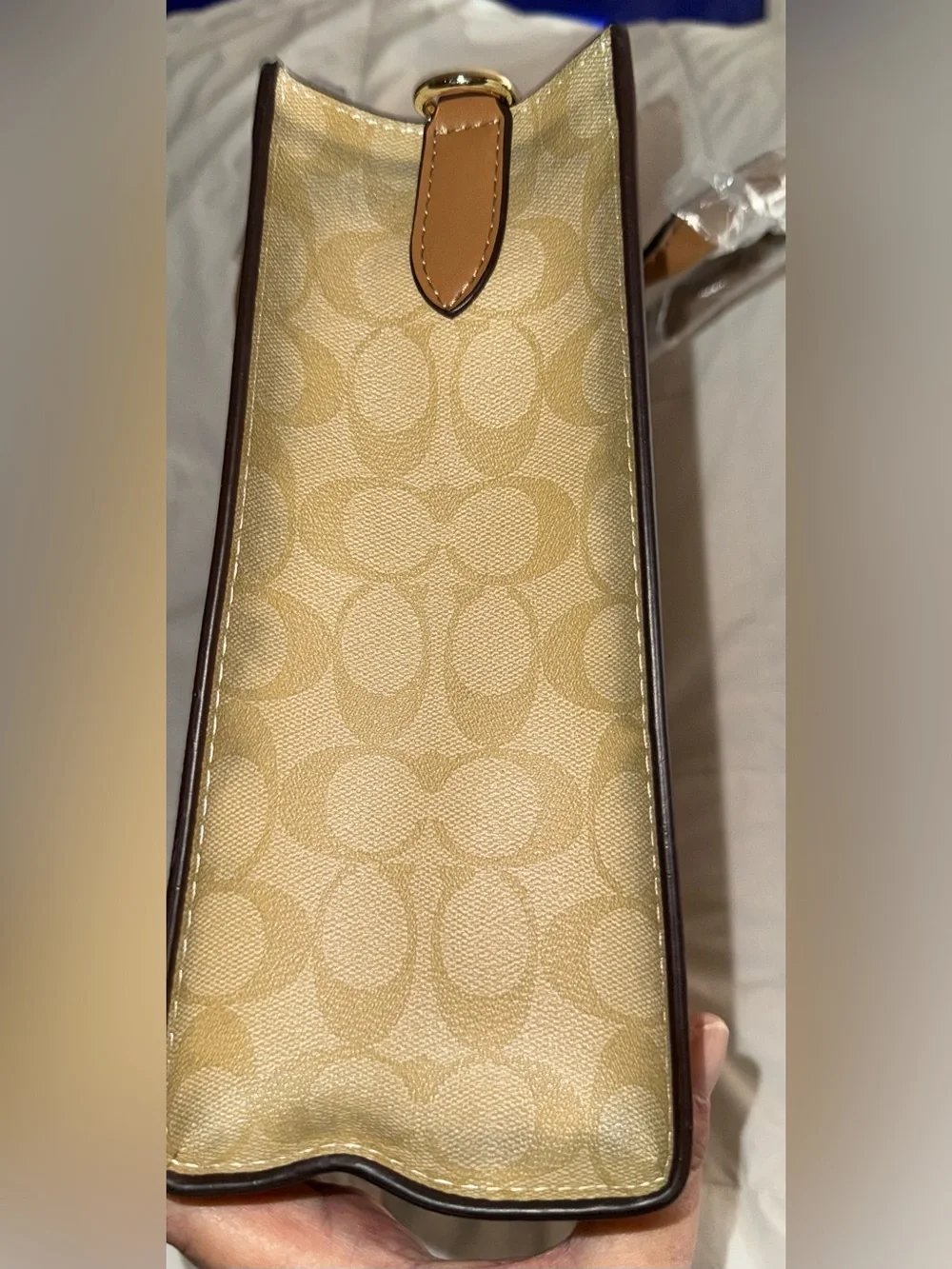 Fashionable Beige Satchel  /Tote with brown Trim